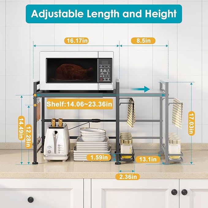DOLALIKE Microwave Oven Rack, Expandable Microwave Stand Kitchen Countertop Organizer Utensils Storage, Carbon Steel Over Microwave Shelf with 3 Hooks (Black, 2 Tier- With Storage)