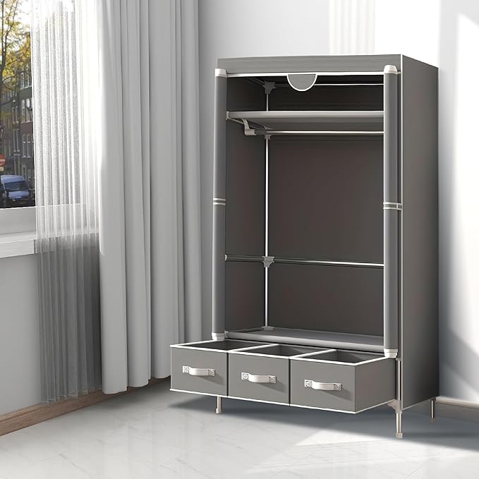 Portable Wardrobe Closet with Shelves & Drawers - Light Grey Oxford Fabric Clothes Organizer for Bedroom, Dorm Room - Waterproof, Easy Assembly No Tools Needed(35.4" x 17.7" x 67")