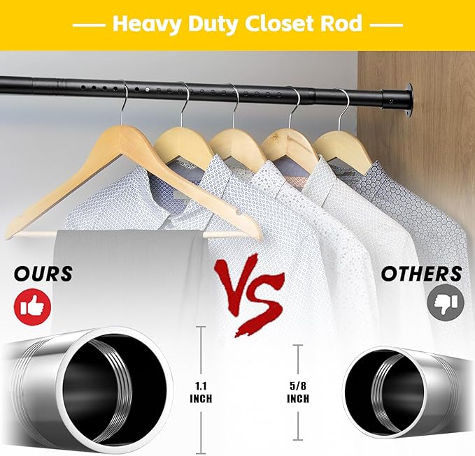 Closet Rod,17 to 96 Inch Adjustable Closet Rods for Hanging Clothes Heavy Duty Closet Hanging Rod Metal Black Closet Poles for Wardrobes