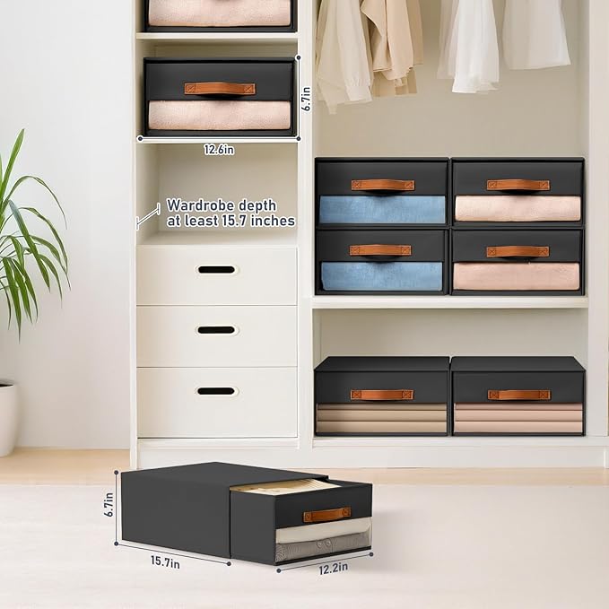 DIMJ Closet Organizers and Storage - Foldable Storage Bins with Drawers Fabric Stackable Storage Drawers with Clear Window,Fabric Clothes Organizers and Storage Drawers for Closet, 6-Pack, Black