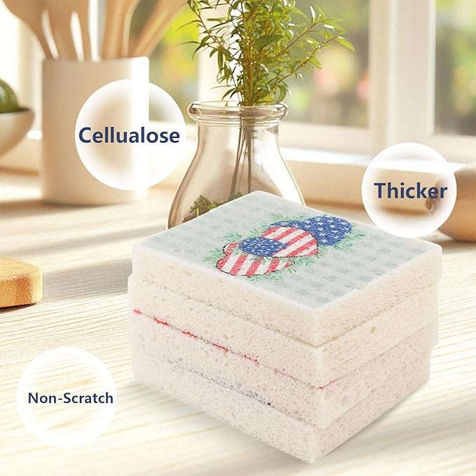 4Pcs USA Flag Heavy Duty Kitchen Dish Sponges | Large Odor Free Non-Scratch Scrub Pad | Household Cleaning Scrubber for Sink, Counters, Surfaces, Pots, Pans, Dishwashing (6" x 4" x 1"), Style 2