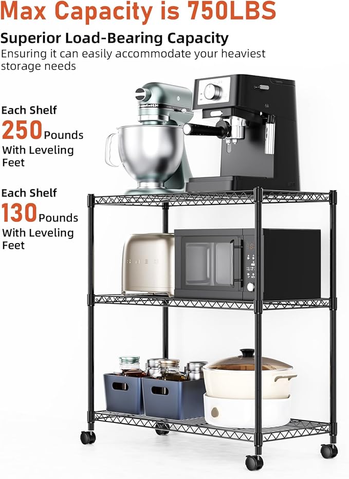 Simple Deluxe Shelving Unit - 3 Tier Shelf for Garage Storage, Black, 24.02" W x 13.78" D x 29.92" H, 750 Lbs Capacity, Adjustable Shelves, Leveling Feet, Caster Wheels for Easy Mobility,Black