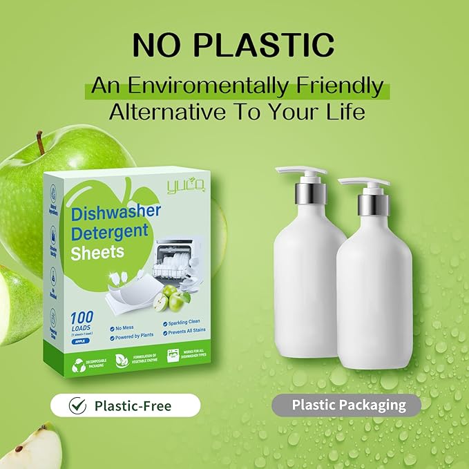 YUCO Dishwasher Detergent Sheets 100 Loads Liquid-Free Dish Soap Cleaner Strips Eco-Friendly No Plastic Dishwasher Pods Detergent Use in Dishwasher or Sink Leaving Dishes Sparkling Clean (Apple)