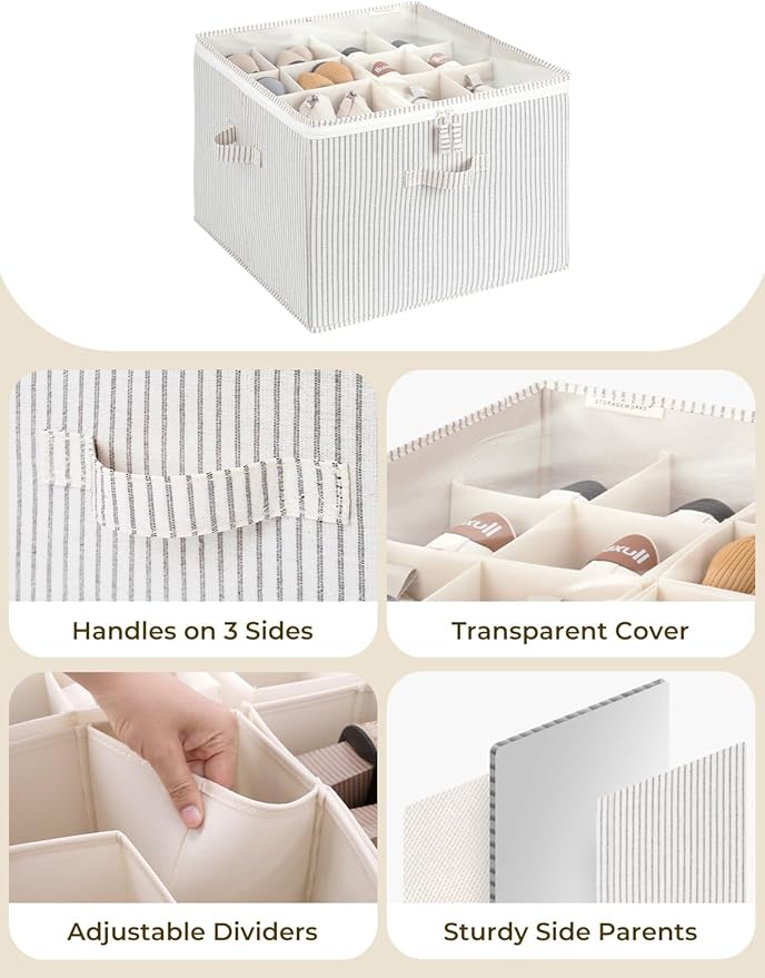 StorageWorks Shoe Organizer for Closet, Fits up to 16 Pairs, Shoe Cubby Storage Containers with Adjustable Dividers and Clear Cover, Khaki and Beige Stripes