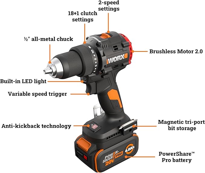 WORX Cordless Drill Driver, 20V 930 in·lbs Brushless Power Drill Driver, Powerful and Faster Drilling and Driving, Compact 6.3" length, 20V 4.0 Ah Battery and Charger Included, PowerShare