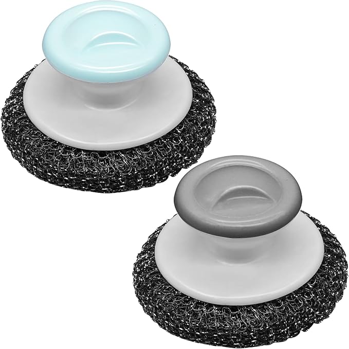 2Pcs Stainless Steel Wool Scrubber with Handle, Heavy Duty Pot Scrubbers Dish Scrubber Cleaning Brush Wash for Dish, Stainless Steel Scrubbing Brushes Cleaning Supplies for Pots, Pans, Grills, Sink