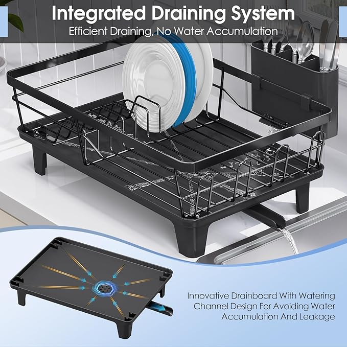 Urackify Compact Dish Drainer for Kitchen Counter - Expandable Large Capacity Drying Rack with Removable Cutlery Holder, Anti-Rust Plate Rack, Non-Slip Feet