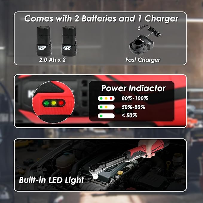 KITLUCK Cordless Electric Ratchet Wrench Set, 3/8" 12V Extended Power Ratchet Tool Kit, 41 Ft-Lbs Cordless Ratchet with 8 Sockets, 1/4" adapter, LED Light, 2-Pack 2000mAh Battery And Charger
