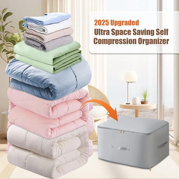Ultra Space Saving Self Compression Organizer, Upgraded Space Saving Self Compression Organizer Space Bags, Premium Comforter Packaging Cube Bedding Storage Bag (Light Grey, Large 54×42×30cm)