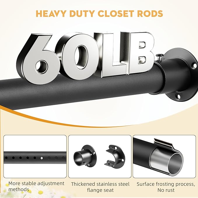 Closet Rods for Hanging Clothes, 1.3 Inch Diameter Heavy Duty Closet Rod 17-64 Inch Adjustable, Metal Closet Poles for Hanging Clothes, Matte Black Bar for Closet, Wardrobes, Bathroom, Windows