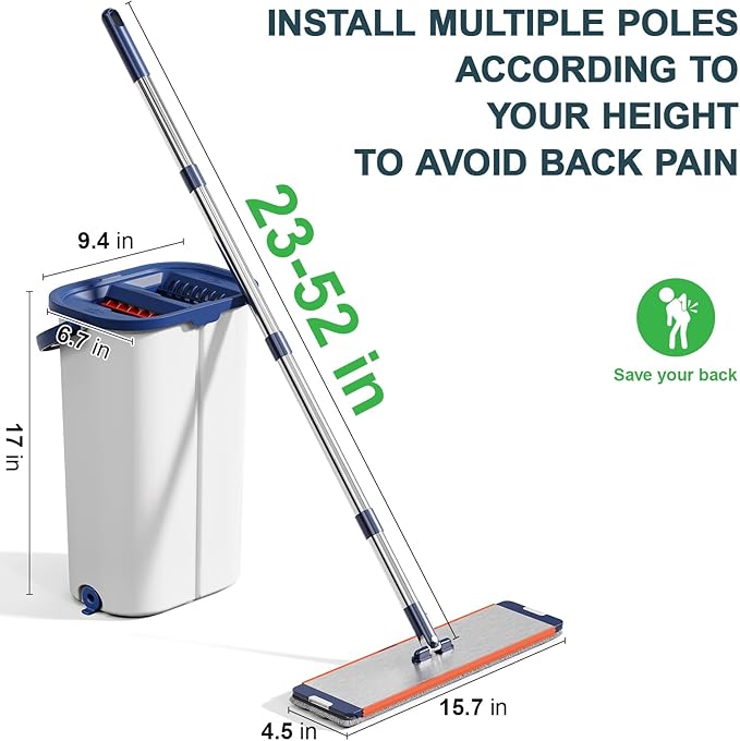 Large Mop and Bucket with Wringer Set for Home, Hands Free Flat Floor Mop and Bucket System with 4 Washable Microfiber Pads, Wet and Dry Use, Mops for Floor Cleaning, Two Bucket Mop System