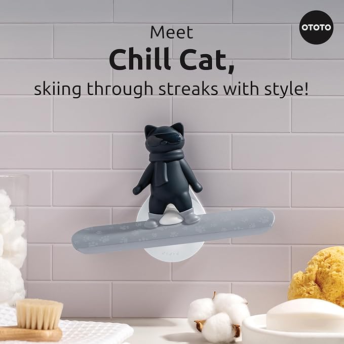 OTOTO Chill Cat Squeegee - Cute Kitchen Accessories, Cute Bathroom Decor, Black Bathroom Accessories, Shower Accessories, Shower Squeegee for Glass Doors, Small Bathroom Squeegee, Cat Gifts
