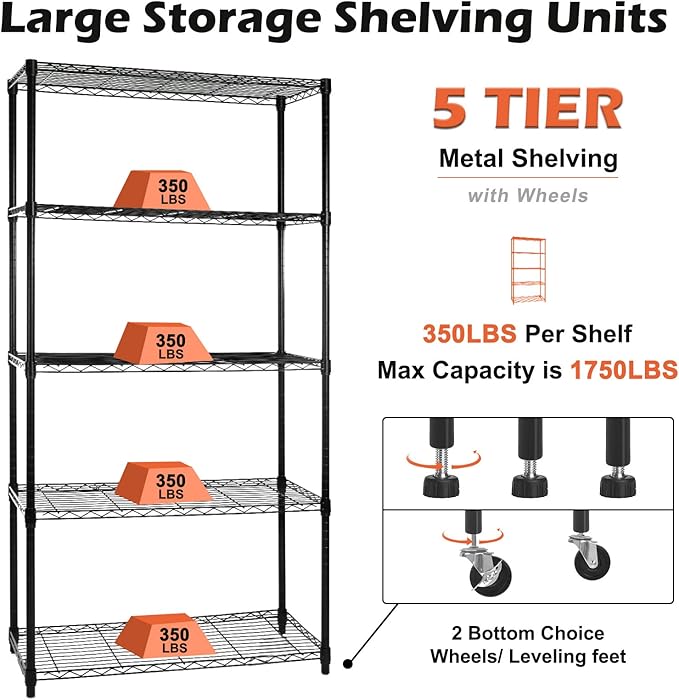 WDT 5 Tier Shelf Shelving Unit with Wheels,Adjustable Metal Shelves for Storage, NSF Wire Shelving Rack,350lbs Loading Capacity Per Shelf Storage Shelves for Kitchen Garage, 36" D x 16" W x 75" H