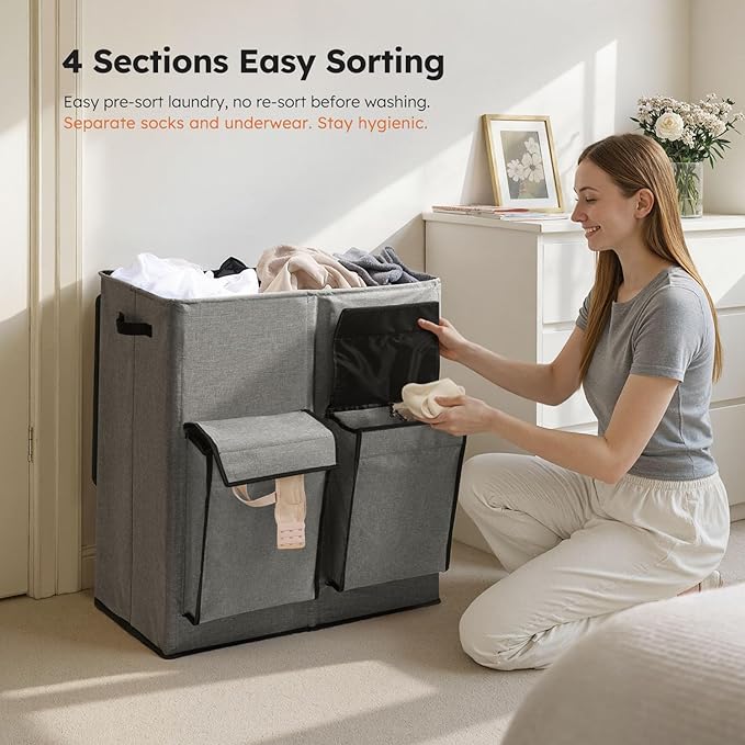 SOLEDI Double Laundry Hamper with Lid, 47.8 Gal (180L) Large Laundr Basket 2 Section with 2 Side Pockets, Dirty Clothes Hamper with Removable Bag, Easy to Carry for Laundry Room, Bedroom, Grey