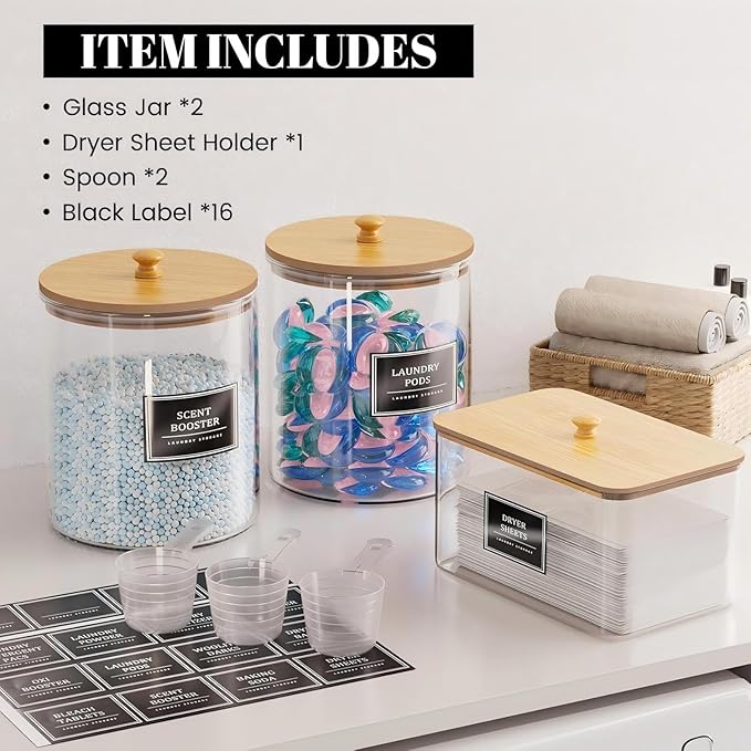 2+1 Pack Glass Laundry Pods Container & Acrylic Dryer Sheet Holder, Clear Laundry Room Organization Containers with Bamboo Lids & Labels, Powder Laundry Detergent Container for Scent Booster, Powder