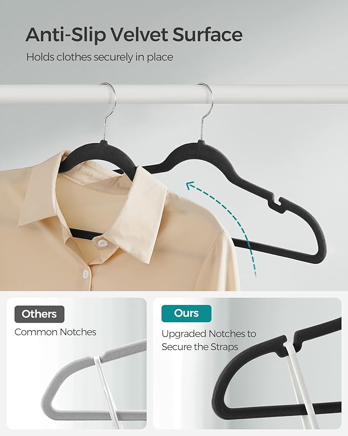 SONGMICS Velvet Hangers 30 Pack, Non-Slip Clothes Hangers with Shoulder Notches, Pants Bar, 360° Swivel Hook, Space-Saving, for Closet, Ink Black UCRF029B03