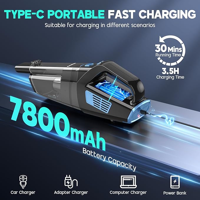 CKIKH Handheld Vacuum Cordless, 15000PA Strong Suction Hand Held Car Vacuum Cleaner Portable with Multi-Nozzles & Washable Filter, Lightweight Dust Busters Rechargeable for Home, Car, Office, Pets