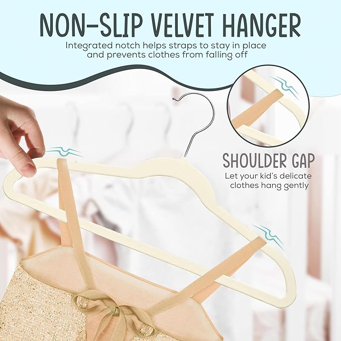 TechZoo 50 Premium Kids Velvet Hangers - 14" Non-Slip Clothes Hangers for Kids & Preteens - Ultra Slim, Space-Saving, Strong & Durable Hangers with 360° Swivel Hook - Ivory