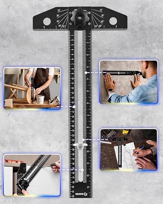 Saker Aluminum Alloy Multi-Angle Marking Ruler,Adjustable Sliding T-Square with Scriber & Protractor,Precision Layout Tool for Woodworking, Carpentry & Design (Black)