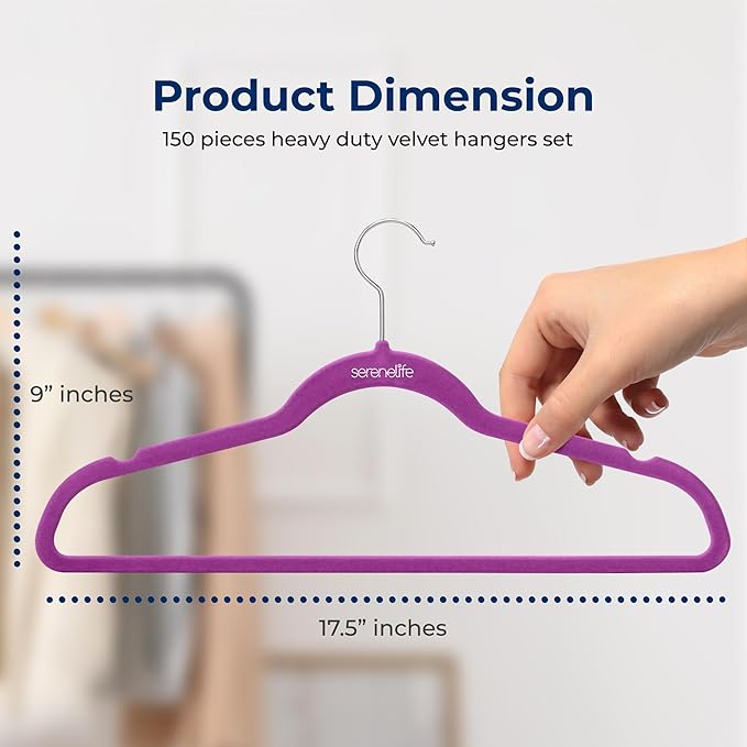 150 Pieces Velvet Hangers - Space Saving Heavy Duty Slim Suit Clothes Hanger Set with 360 Degree Swivel Metal Hook, Can Hold Up to 10 Lbs. for Coats, Jackets, Pants & Dress (Purple)