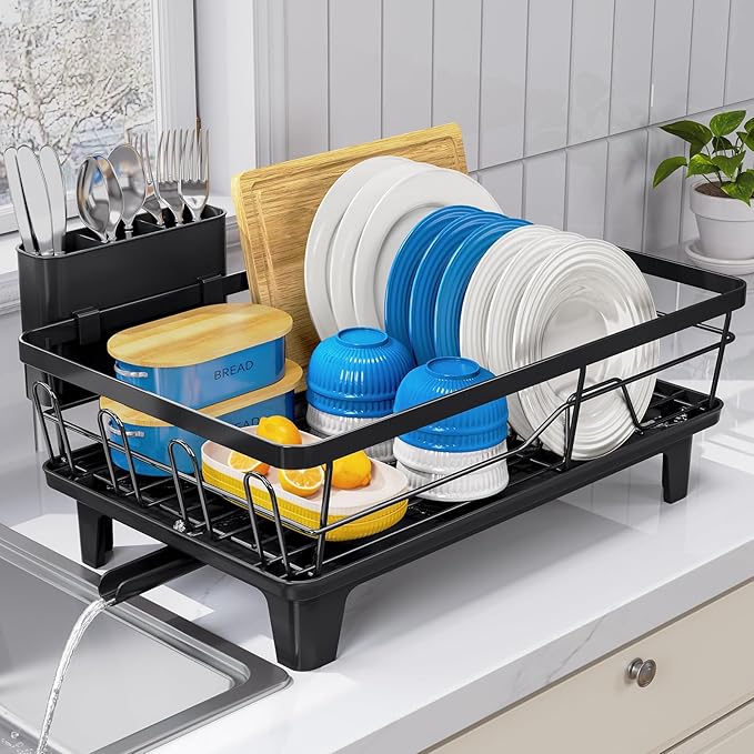 Urackify Compact Dish Drainer for Kitchen Counter - Expandable Large Capacity Drying Rack with Removable Cutlery Holder, Anti-Rust Plate Rack, Non-Slip Feet