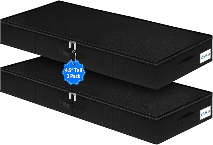 4.5-Inch Tall Under Bed Storage Container, Low Profile Underbed Storage Bin, Thin Clothes Storage Organizer with Rigid Sides & Bottom, Shallow Storage for Under Couch & Dresser Space, 2-pack, Black