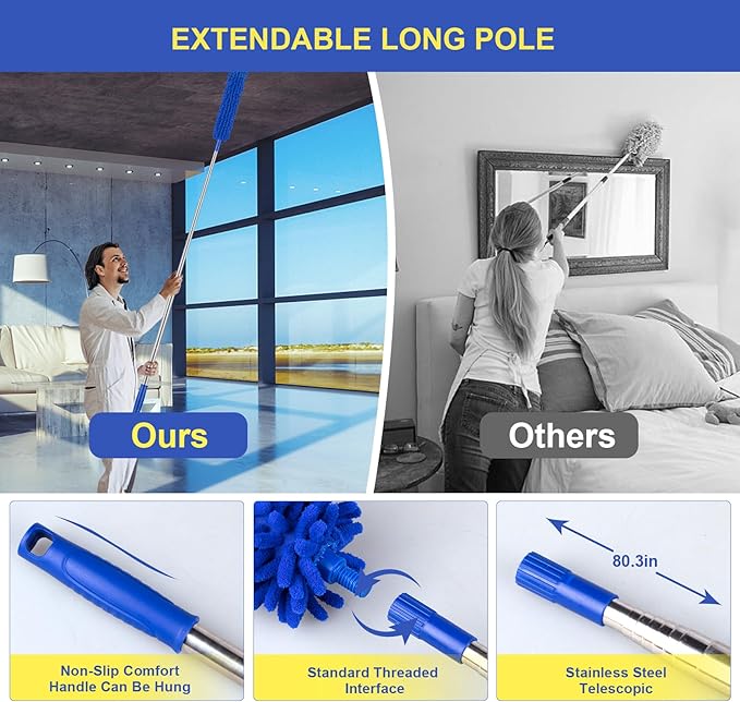 Dusters for Cleaning, Newliton Duster with Extension Pole Microfiber Ceiling Fan Cobweb Duster, Long Duster for High Ceilings Wall Refrigerator Appliance Baseboard Home Furniture Blinds