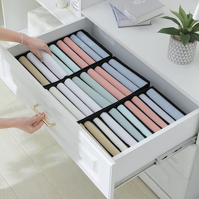 Qozary 4 Pack Drawer Organizers for Clothing, 10 Grids Foldable Dresser Drawer Organizers, Clothes Organizer for Folded Clothes, T-shirt, Tank Tops, Camisoles, Underwear, Leggings, Baby Clothes