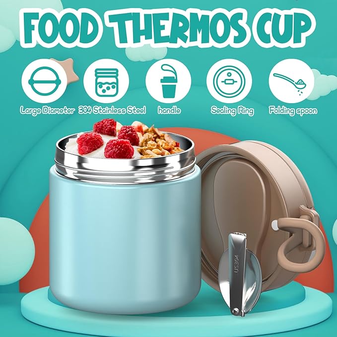 Insulated Food Jar for Kids - 15.2 Oz, Thermo for Hot Food, Soup Thermo, Insulated Food Container, Termos Para Comida Caliente, Width Mouth Stainless Steel Lunch Box with Spoon, Green