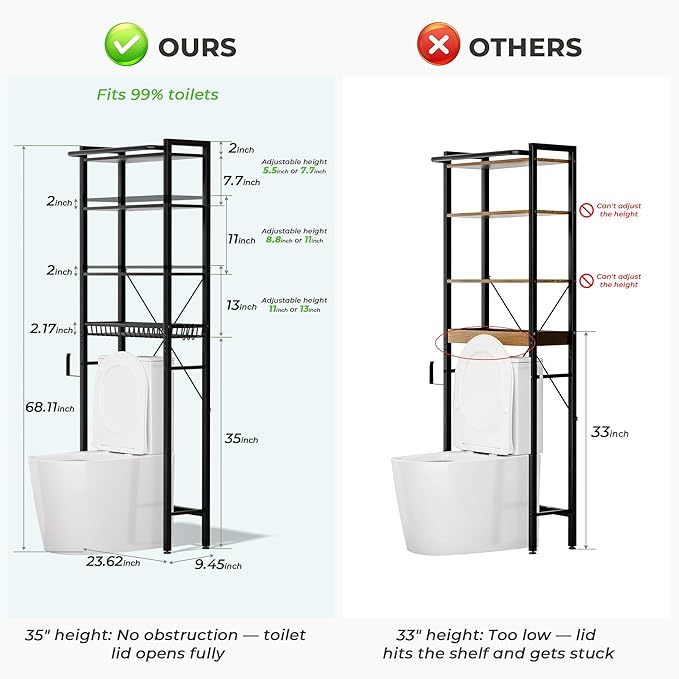 GRUSIGN Over-The-Toilet Storage Shelf, 4-Tier Bathroom Organizer Shelf, Freestanding Space Saver Shelves Over Toilet with Adjustable Shelf for Bathroom, Black