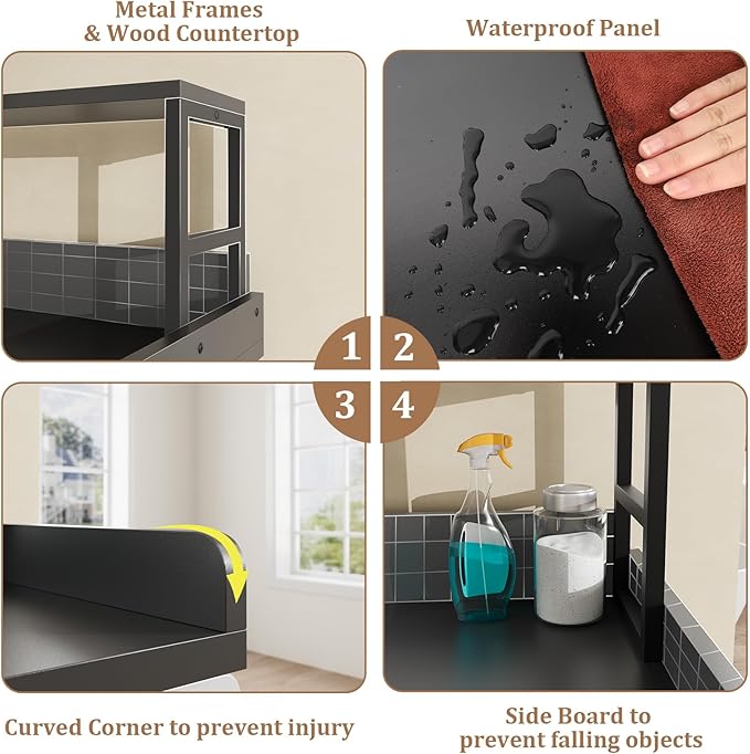 Washer Dryer Countertop with Shelf, 27.5″D x 54″W x 16.7″H, Countertop for Washer and Dryer Top with Non-Slip Pads and Edge Rails, Laundry Room Storage and Organization(Black)
