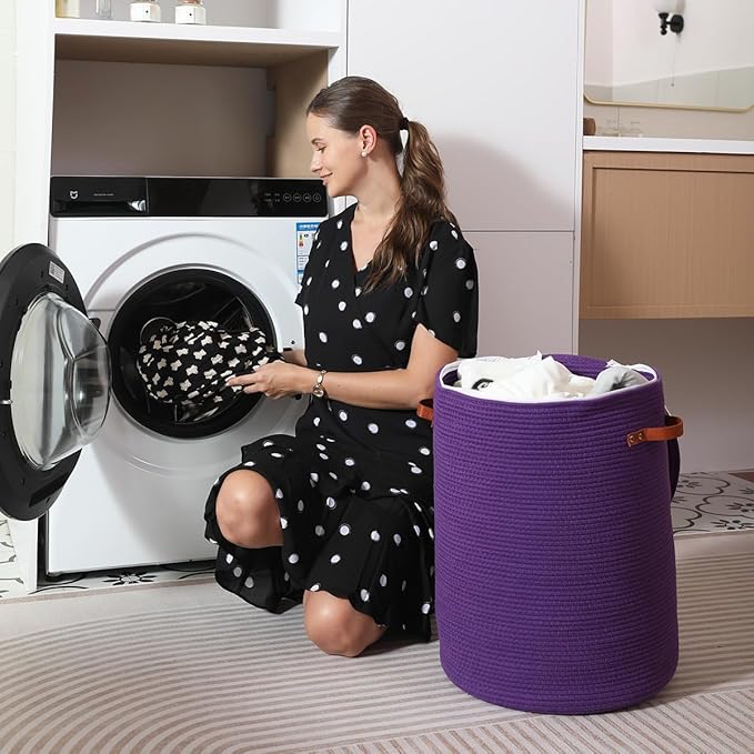 Cottonphant Extra Large Cotton Rope Storage Basket with Lid and Zipper, Versatile Laundry Hamper and Cloth Bin for Clothes, Towels, Blankets, Living Room Organization (All Deep Blue, 16"x20")