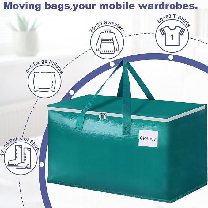 StorageRight Moving Bags-Heavy Duty Moving Boxes, Storage Totes with Zipper, Reinforced Handles and Tag Pocket-Collapsible Moving Supplies for moving, Storage and Travel 93L(Green-8 Pack)