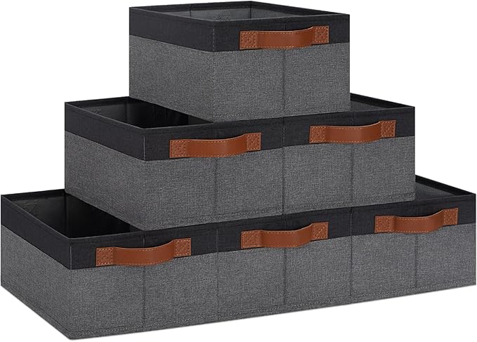 GhvyenntteS Small Fabric Storage Bins with Handles 6 Pack, 11.8" x 7.87" x 5.11" Storage Baskets for Shelves, Baskets for Organizing Clothes Underwear Socks Hats DVDs (Grey/Black)