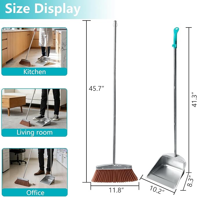 Stainless Steel Broom and Dustpan Set, 2-Piece, Long Handle Standing Design with Comb Teeth, Heavy Duty Windproof Upright for Home, Kitchen, Indoor Outdoor Use (Silver Teeth)