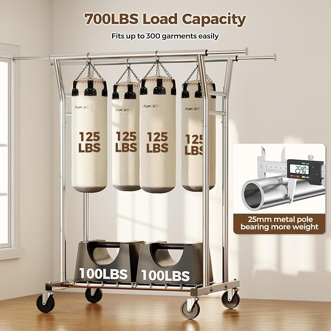 HYSEYY Heavy Duty Clothes Rack, Rolling Clothing Rack for Hanging Clothes with Shelves Load 700LBS,Portable Garment Wardrobe Closet Rack with Wheels for Bedroom,Laundry Room,Retail Store,Silver