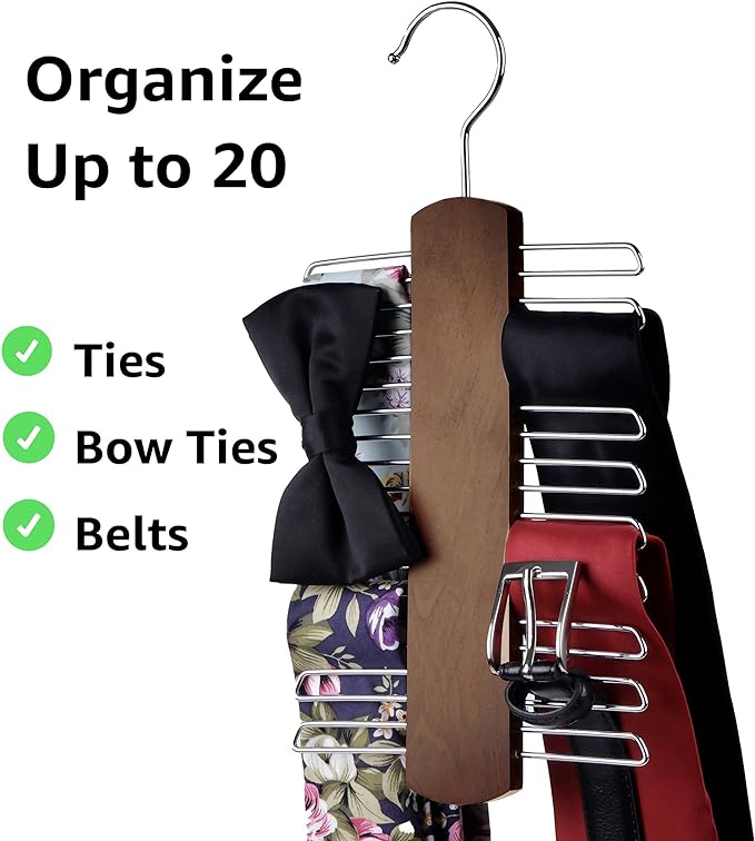 Umo Lorenzo Premium Wooden Necktie and Belt Hanger, Walnut Wood Center Organizer and Storage Rack with a Non-Slip Finish - 20 Hooks (Wooden)…