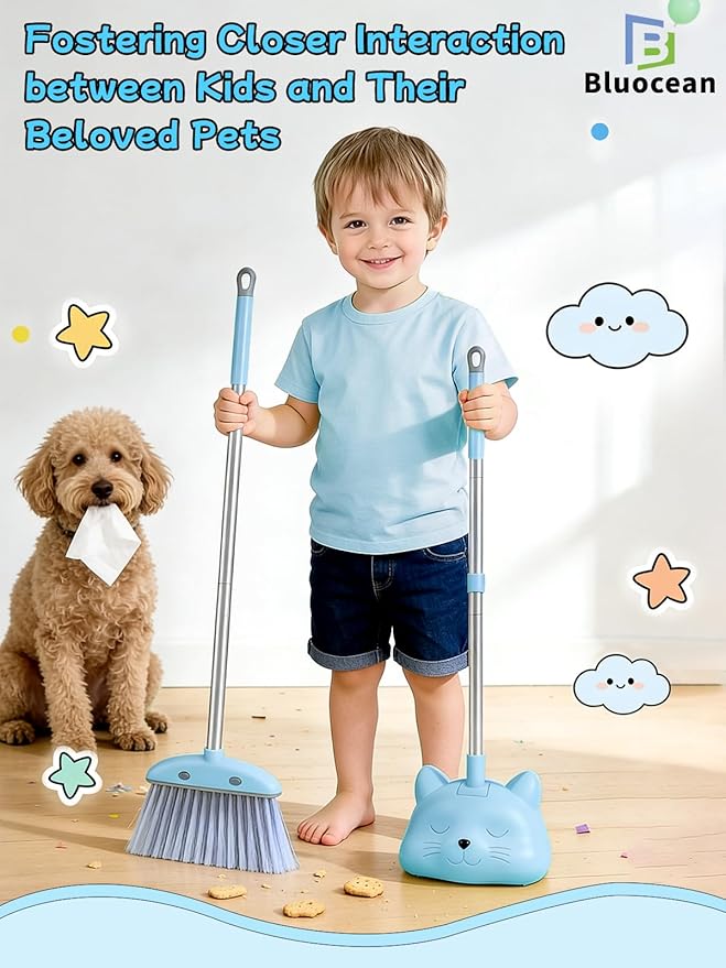 28'' Kids Mini Broom with Dustpan & Mop Set - Toddler Cleaning Toy, Toddler Household Helper, Parent-Child Interactive Play Cleaning Tool, Cute Cartoon Design, Small Safe Corner Broom (Blue)