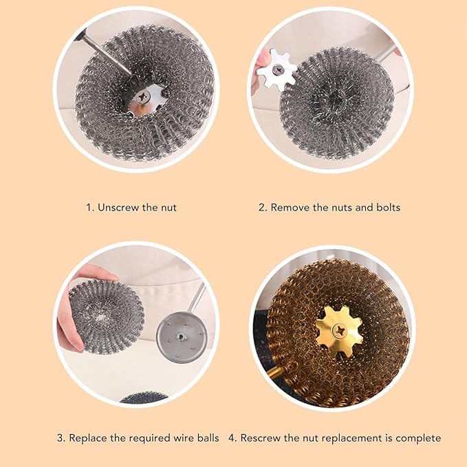 Stainless Steel Wool Scrubber with Long Handle, Handheld Scrubbing Cleaner Brush Scrubbing Scouring Pad Cleansing Supplies for Pots Pans Grills (Gold)