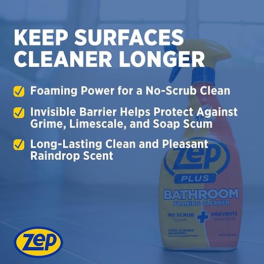 Zep Plus Bathroom Foaming Cleaner 32 oz (2 Units) with a Blue Microfiber Rag ECBD021 - Fight Soap Scum and Hard Water with our powerful Bathroom Cleaner and a Reusable Rag