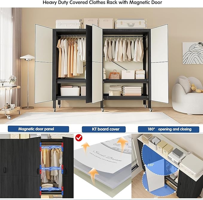 Heavy Duty Covered Clothes Rack with Magnetic Door Foldable Portable Wardrobe Closet for Hanging Clothing Rolling Black Metal Garment Rack on Wheels Closet System (Black, 49.12in)