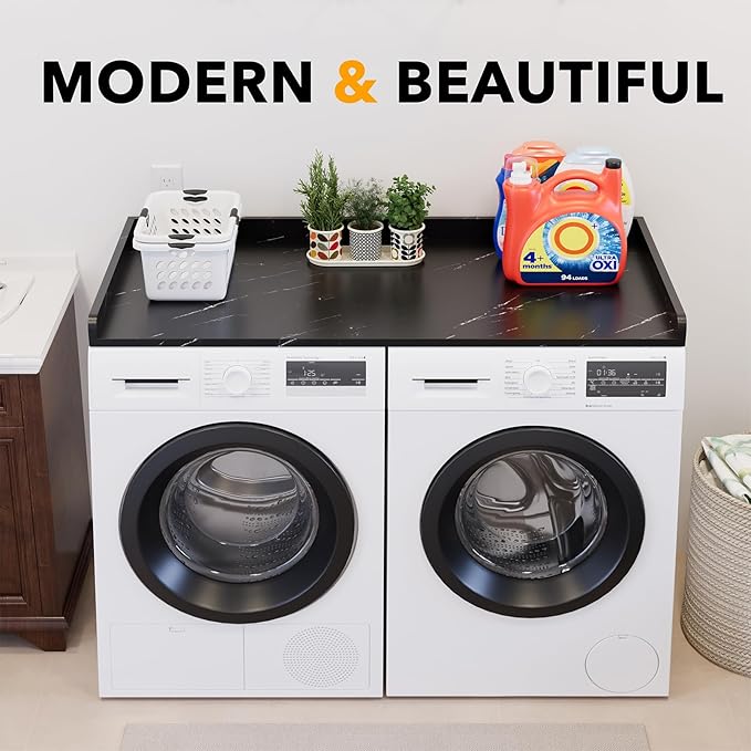 SpaceAid Washer Dryer Countertop, Laundry Wood Shelf Topper with Edge, 54" Width x 27.5" Depth Cover Guard Organizer for Washer and Dryer Laundry Hamper Counter Storage Organization (Black Marble)