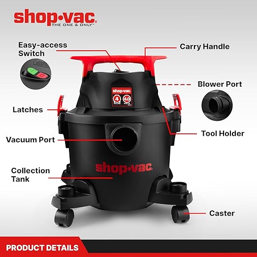 Shop-Vac 5430112 Wet/Dry Vacuum, 4 Gallon, 4 Peak HP, 1-1/4 Inch Diameter x 6 Foot Hose, 10 Foot Cord, Ideal for Jobsite, Garage, Workshop & Home