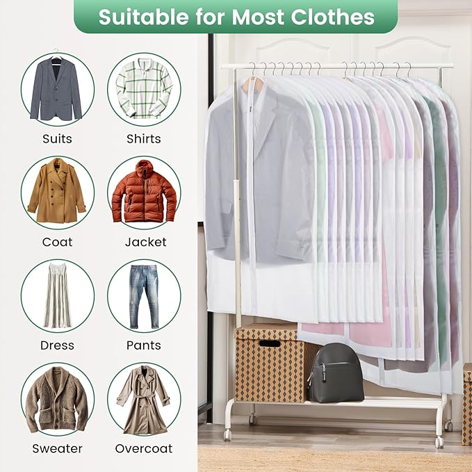 Carbrea Translucent Garment Bags for Hanging Clothes - Frosted Clothes Storage Bags for Suits, Dresses, Closet Storage - 6 Pack