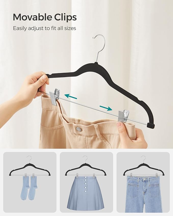 SONGMICS 20-Pack Pants Hangers, 16.7-Inch Long Velvet Hangers with Adjustable Clips, Heavy-Duty, Non-Slip Skirt Hangers, Space-Saving for Pants, Skirts, Coats, Dresses, Black UCRF012B20