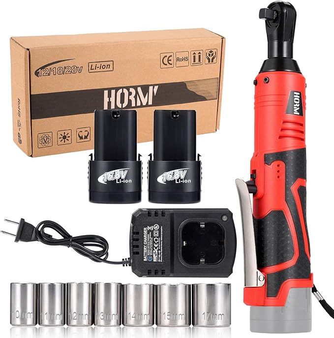 3/8" Cordless Electric Ratchet Wrench Set, 40 Ft-Lbs 16.8V Battery Power Ratchet Tool Kit with Variable Speed Trigger, 2 Packs 2.0Ah Battery, Charger, 7 Sockets
