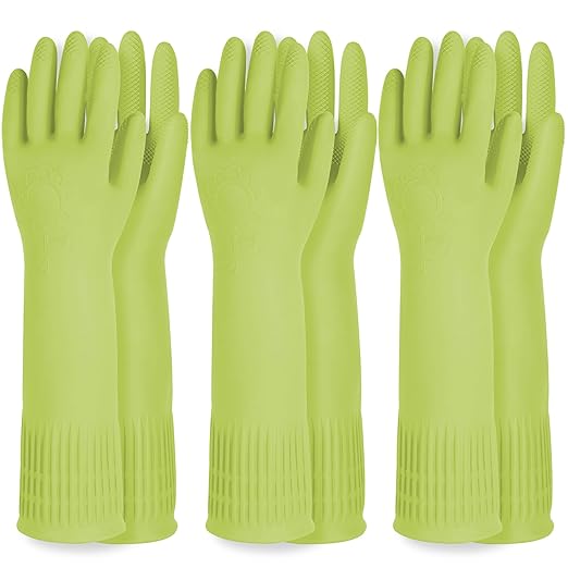 Reusable Waterproof Household Dishwashing Cleaning Rubber Gloves, Non-Slip Kitchen Glove (Green, Large (Pack of 3))