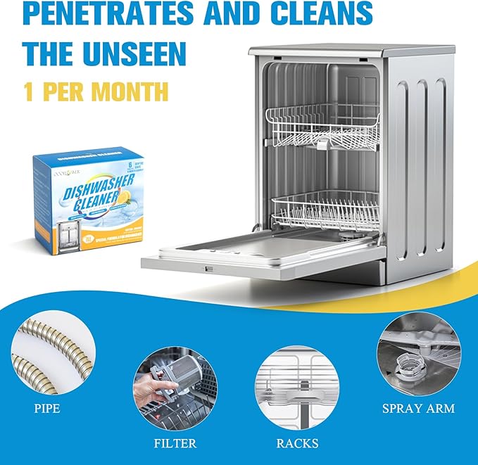 6-Pack Dishwasher Detergent and Deodorizer Tablets with Kitchen Sponge, Deep Clean Formula, Dishwasher Safe, Removes Scale, Odors, and Hard Water Residue (Lemon Scent)
