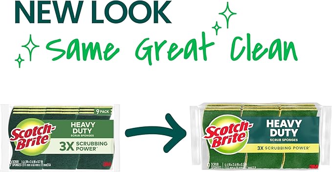 Scotch-Brite Heavy Duty Scrub Sponge, 9 Kitchen Sponges for Tough Messes, Lasts 3X Longer, Best for Cast Iron Skillets & Outdoor Grills, Flexible, Durable & Strong (Pack of 5)