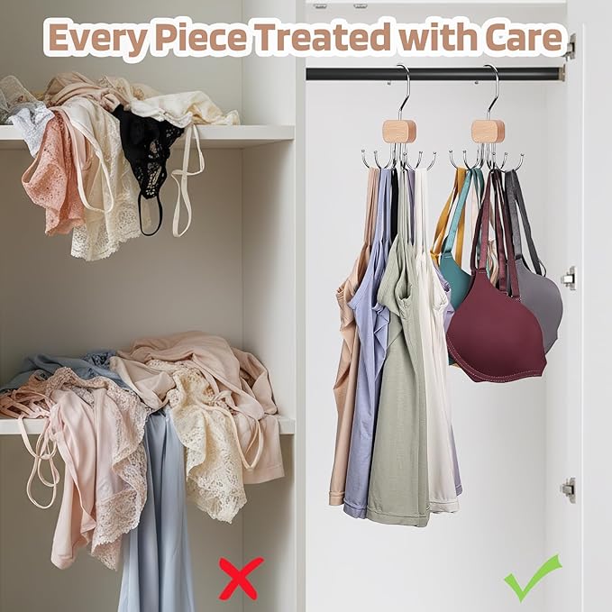 3 Pack Tank Top Hangers, 2026 Upgraded Bra Hanger for Closet Organizer & Storage, 360° Rotating & Foldable Design, Wooden Space-Saving Hanger for Tank Tops, Bras and More (Natural)